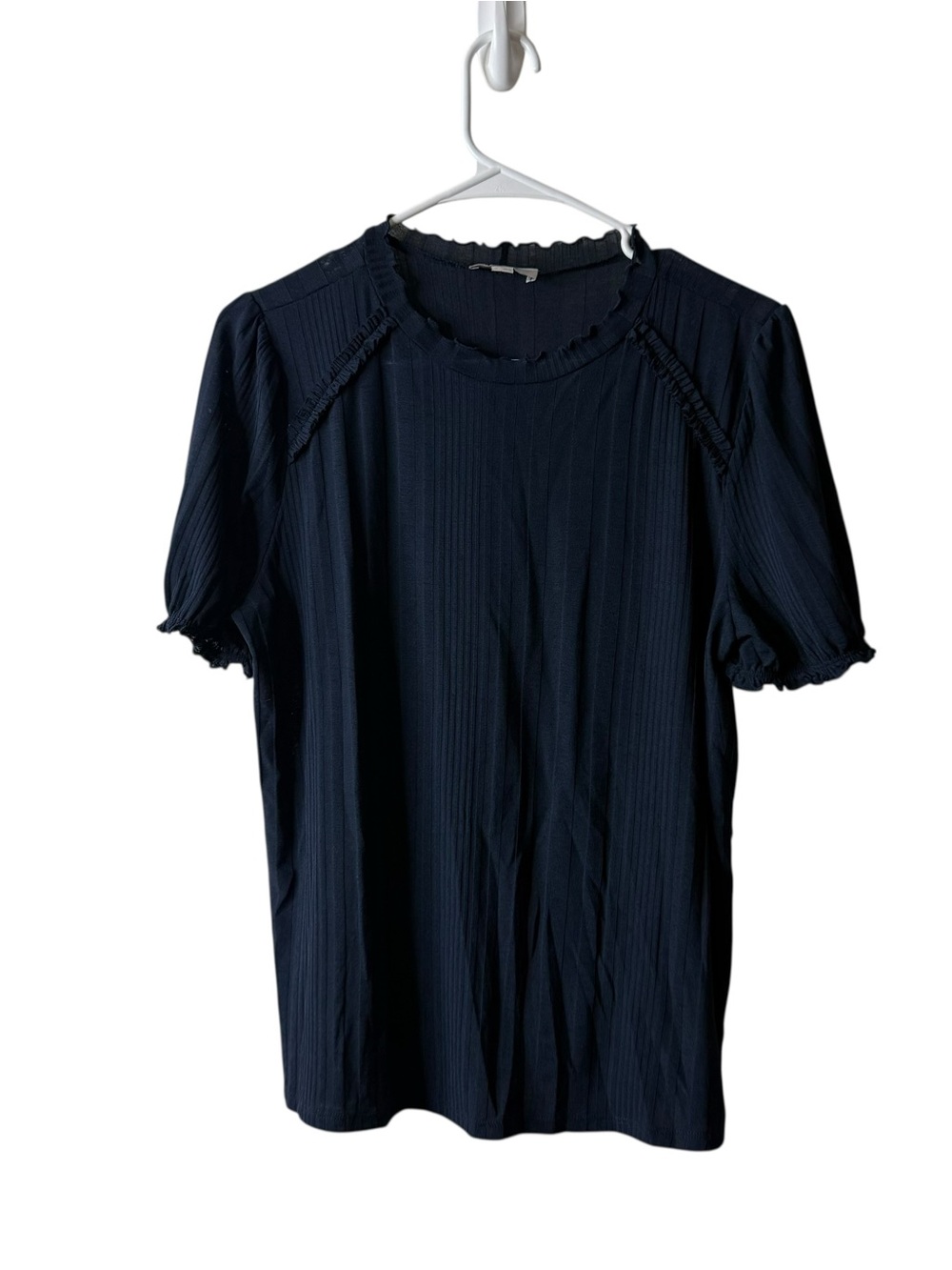 Loft Navy Blue Semisheer Ruffle Short Sleeve Blouse